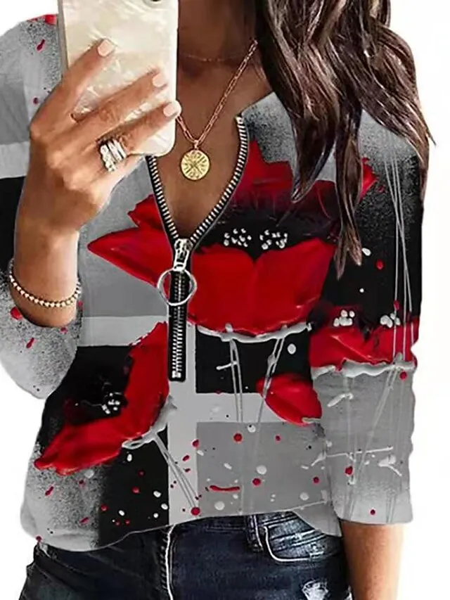 Women's Plus Size Shirt Blouse Graphic Color Block Black Red Fuchsia Quarter Zip Print Long Sleeve Casual Vintage V Neck Regular Fit Fall & Winter