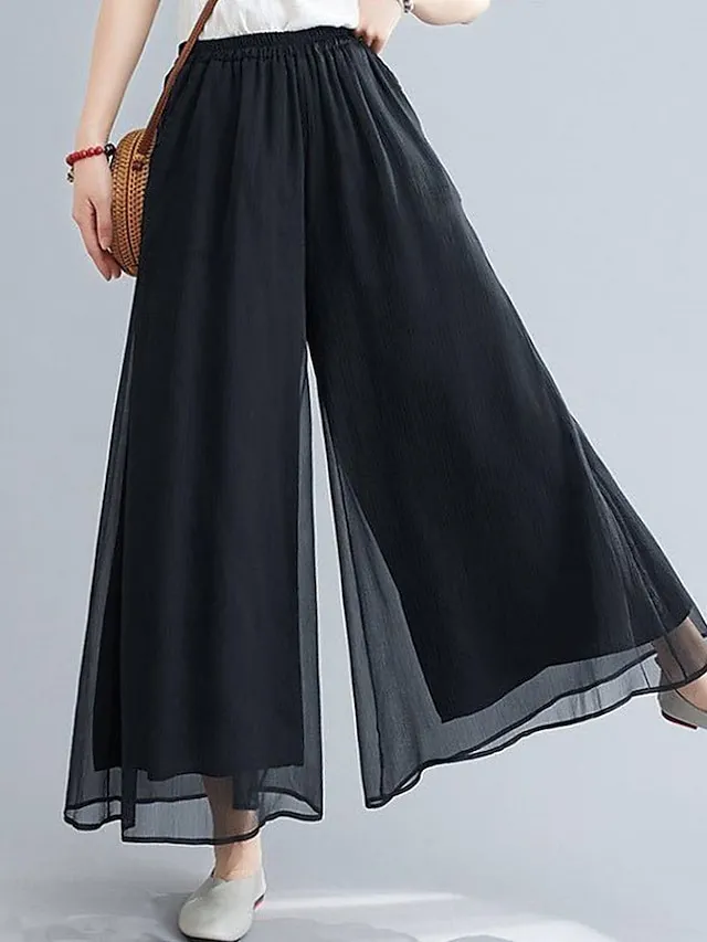 Women's Wide Leg Chinos Gauchos Pants Trousers Full Length Multi-Layer Wide Leg Baggy Micro-elastic Mid Waist Stylish Casual Daily Vacation Black White M L Summer Spring