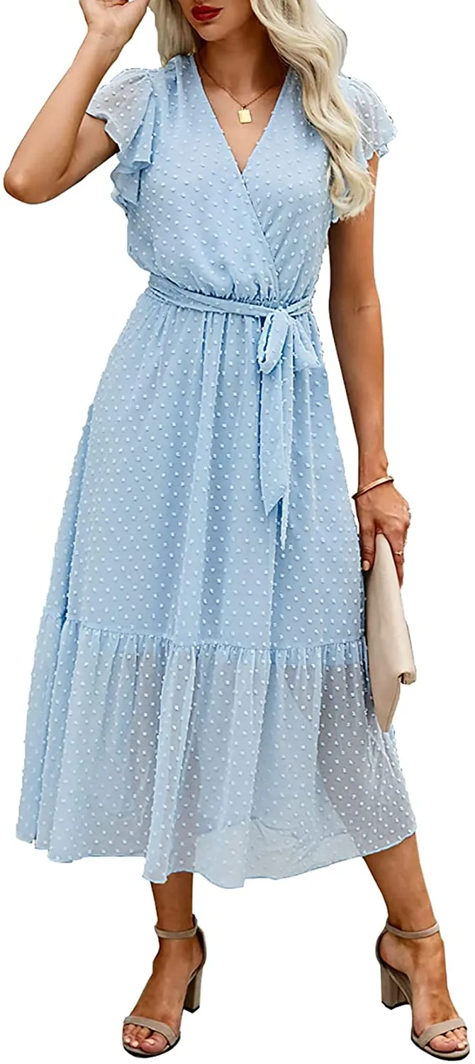 Women Summer Bohemian Floral Casual Wrap V Neck Ruffle Cap Sleeveless Belt A-Line Pleated Hem Swing Midi Sun Dress