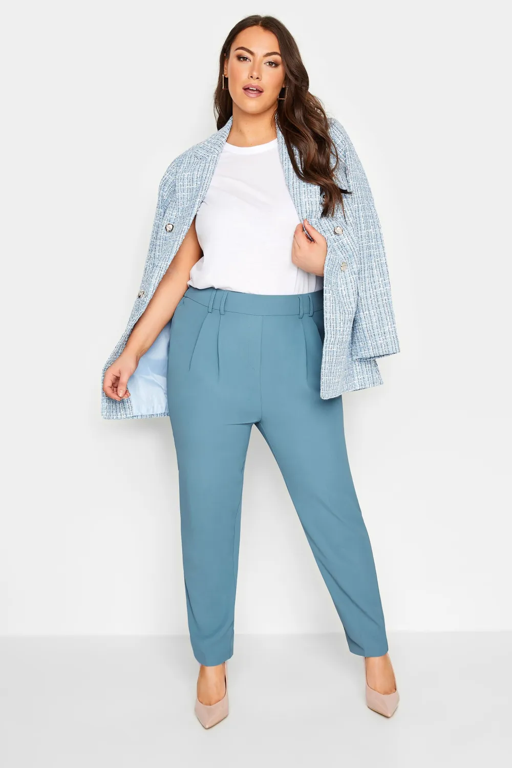 YOURS Curve Blue Double Belted Tapered Trousers