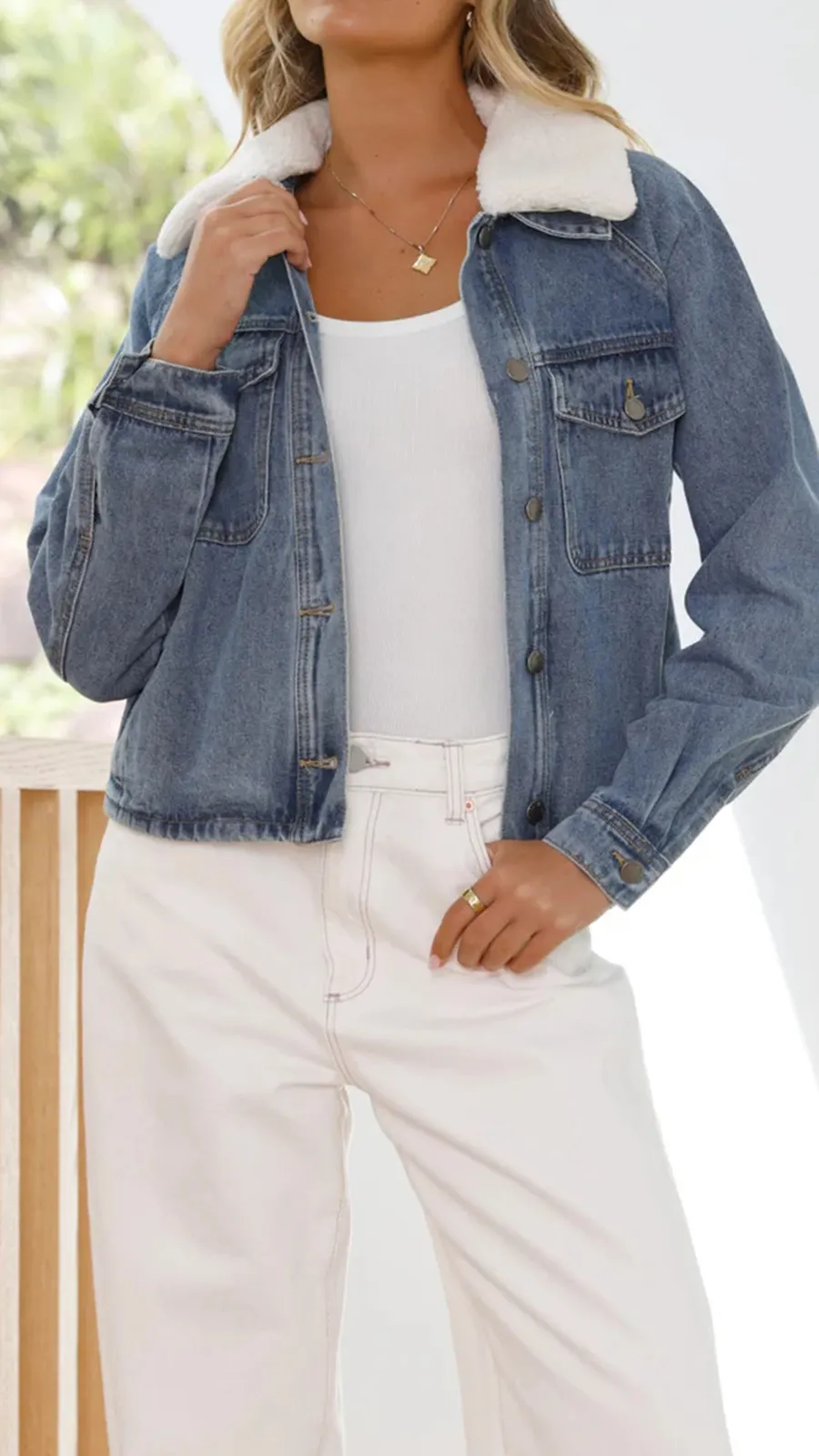 Distressed Cotton Denim Jacket With Lapel