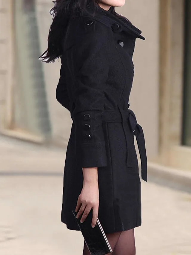 Women's Winter Coat Long Overcoat Double Breasted Stand Collar Pea Coat with Pockets Thermal Warm Windproof Trench Coat with Belt Elegant Contemporary Jacket Long Sleeve Black