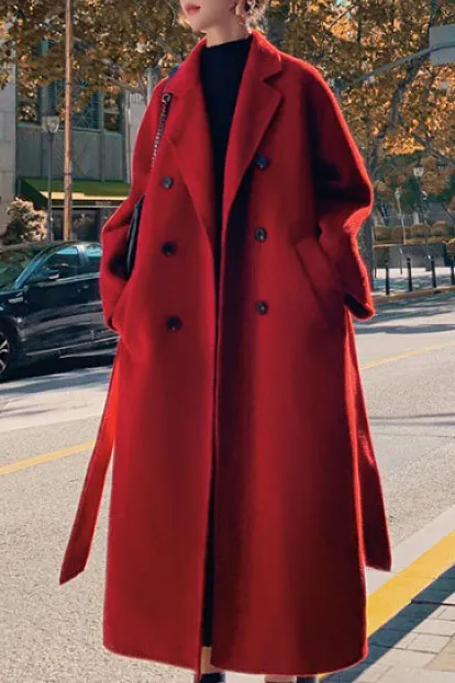 Hepburn Solid Color Double Breasted Wool Coat