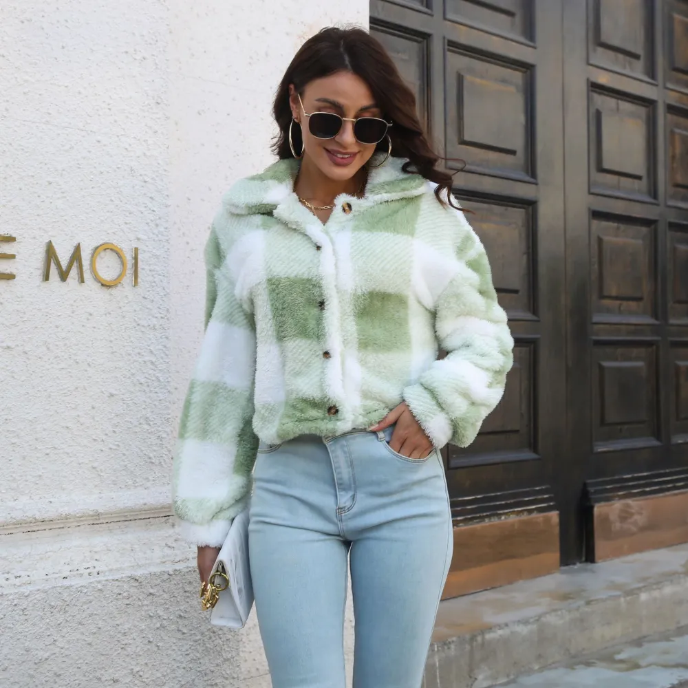 Casual Fashion Plaid Warm Lapel Long Sleeve Coat