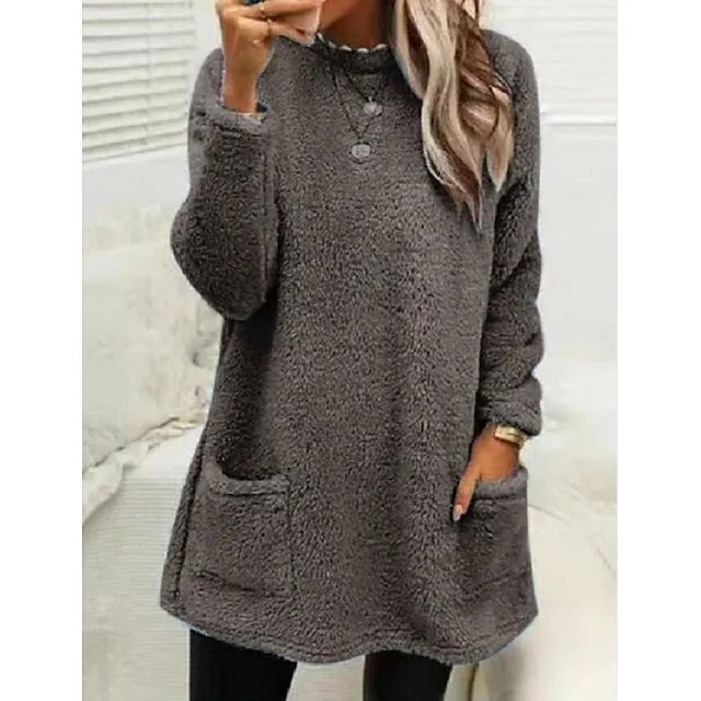 Women's Sweatshirt Pullover Sherpa Fleece Teddy Pocket Marron Black Blue Solid Color Street Casual Round Neck Long Sleeve Fleece S M L XL 2XL 3XL
