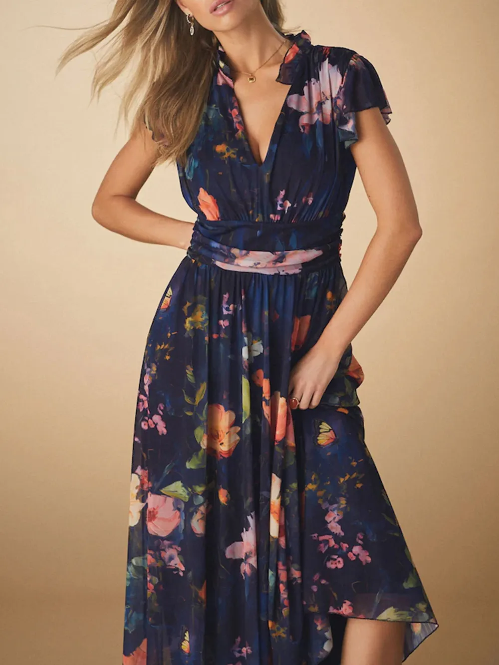Elegant Floral Printed High-Waisted Slimming Dress