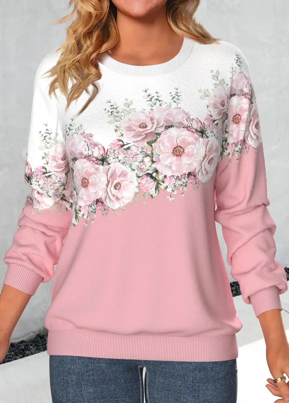 Pink Patchwork Floral Print Long Sleeve Sweatshirt