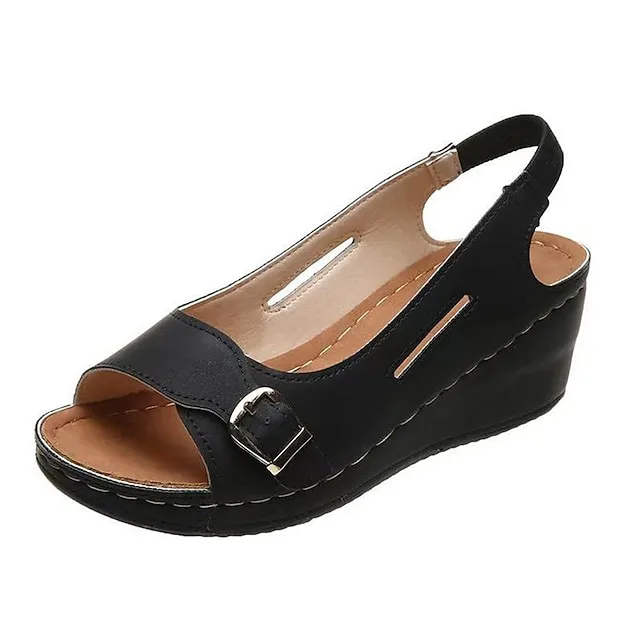 Women's Sandals Wedge Sandals Platform Sandals Plus Size Outdoor Daily Walking Summer Buckle Wedge Heel Peep Toe Classic Casual PU Leather Faux Leather Elastic Band Solid Colored Almond Black White