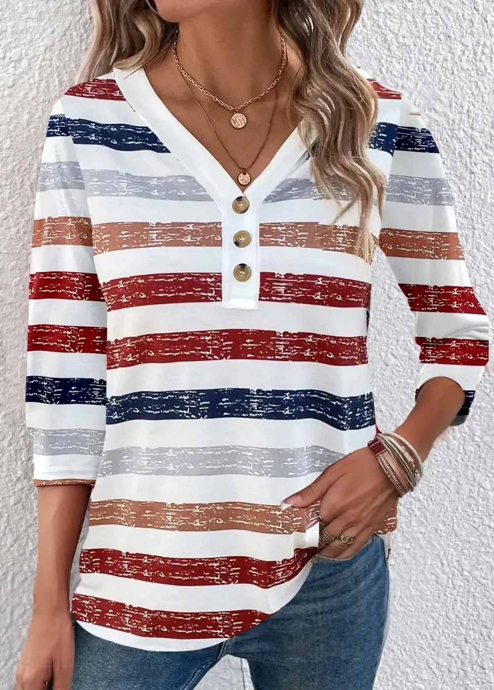Multi Color Button 3/4 Sleeve V Neck T Shirt