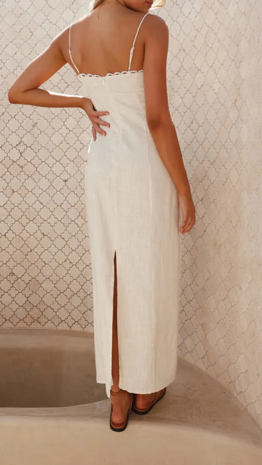 White Cotton And Linen Suspender Midi Dress