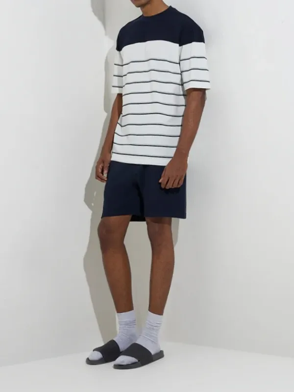 Striped Loose  White Cotton-Blend T-Shirt