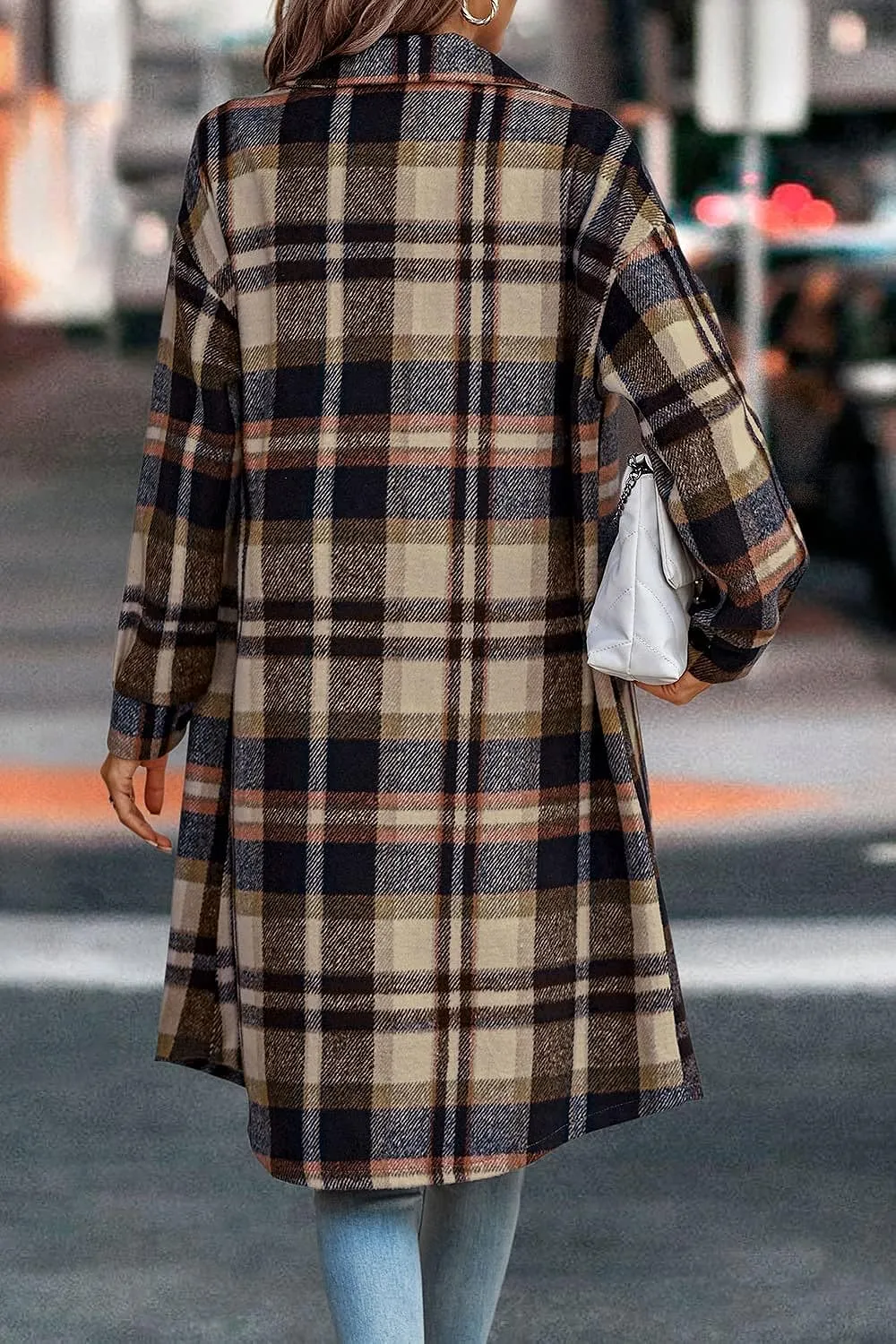 Women's Plaid Shacket 2023 Long Sleeve Button Up Flannel Shirt Winter Tartan Jacket Woolen Coats