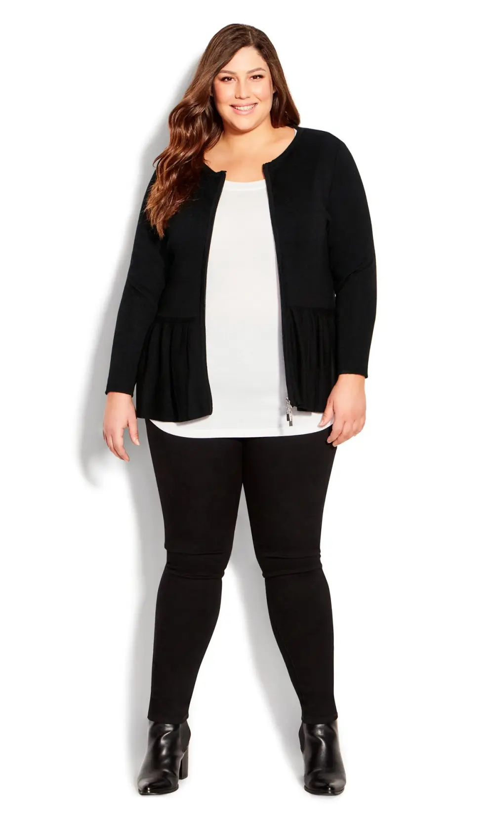 Evans Black Zip Front Frill Cardigan