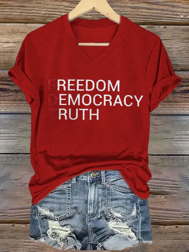 Women's Freedom Democracy Truth Print Short Sleeve V-Neck Cotton T-Shirt