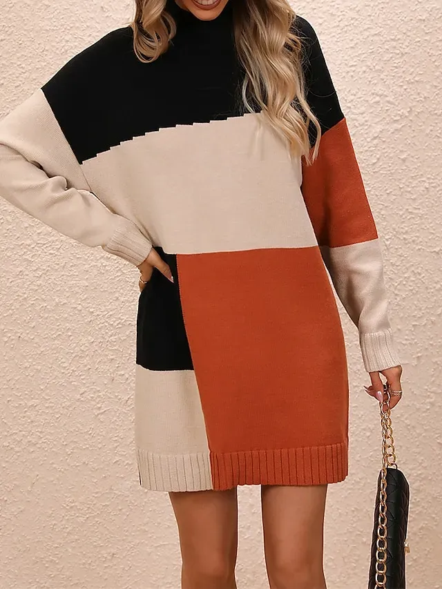 Women's Sweater Dress Jumper Dress Winter Dress Mini Dress Knitwear Fashion Casual Color Block Outdoor Daily Vacation Going out Crew Neck Long Sleeve Patchwork 2023 Loose Fit Black Blue khaki S M L XL