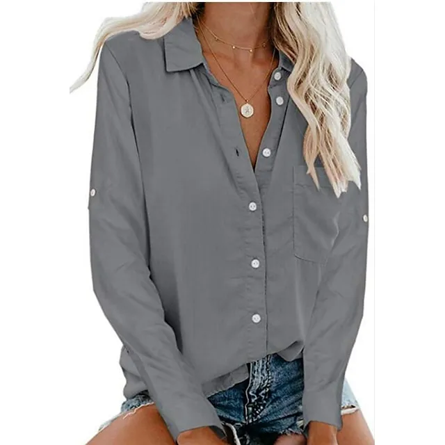 Women's Shirt Blouse Black White Wine Plain Long Sleeve Work Daily Basic Business Elegant Shirt Collar Regular Cotton Loose Fit S