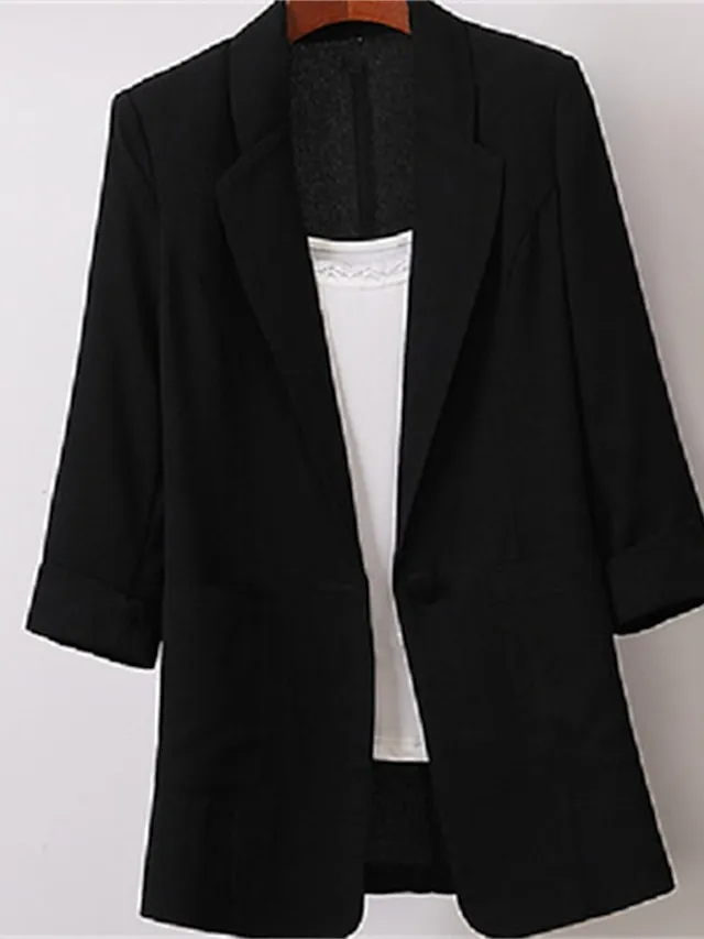 Women's Blazer Outdoor Office Office / Career Spring Summer Fall Regular Coat Regular Fit Breathable Basic Simple Modern Style Jacket 3/4 Length Sleeve Solid Color Pure Color with Pockets White Black