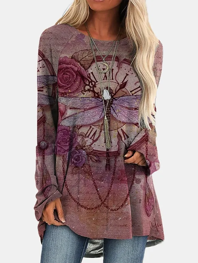 Women's Plus Size T shirt Tee Burgundy Tee Tunic Shirts Marron Yellow Light Green Geometric Plaid Print Long Sleeve Casual Vintage Tunic Ethnic Round Neck Regular Fit Bohemian Theme Geometric Fall