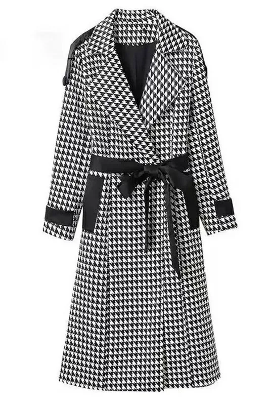 Classic Houndstooth Long Trench Coat