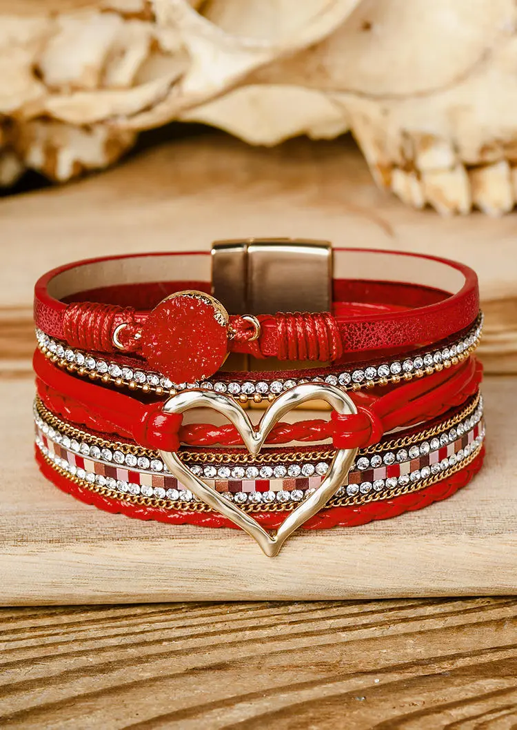 Rhinestone Heart Alloy Magnetic Buckle Bracelet