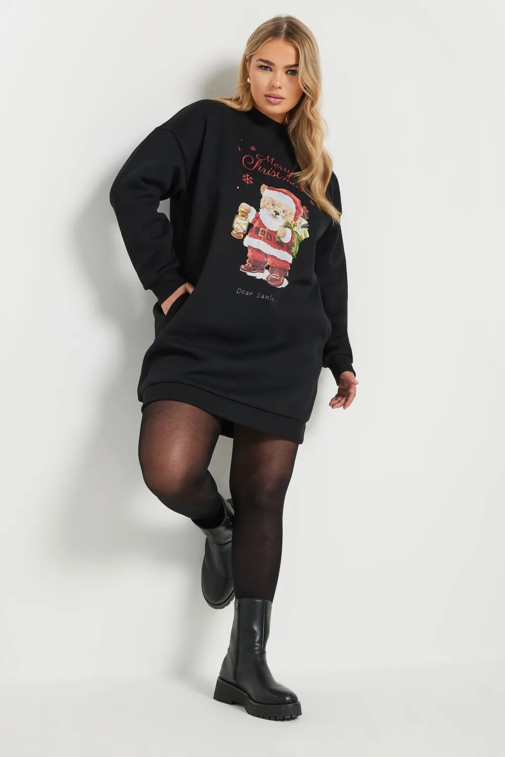 YOURS Curve Black 'Merry Christmas' Teddy Bear Sweatshirt Dress