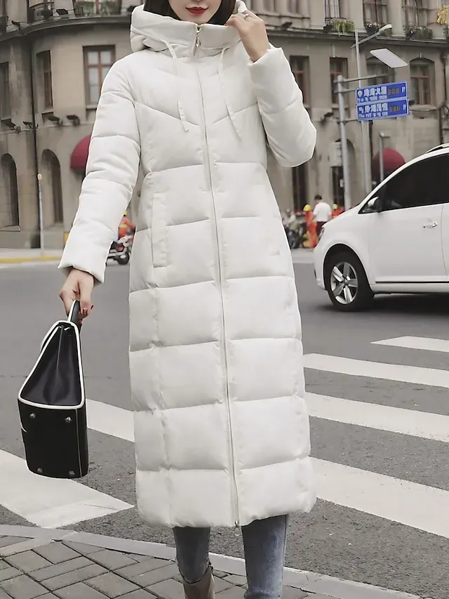 Women's Puffer Jacket Parka Outdoor Street Daily Winter Fall Long Coat Regular Fit Warm Breathable Jacket Long Sleeve Solid Color Green Black Dark Green / Going out