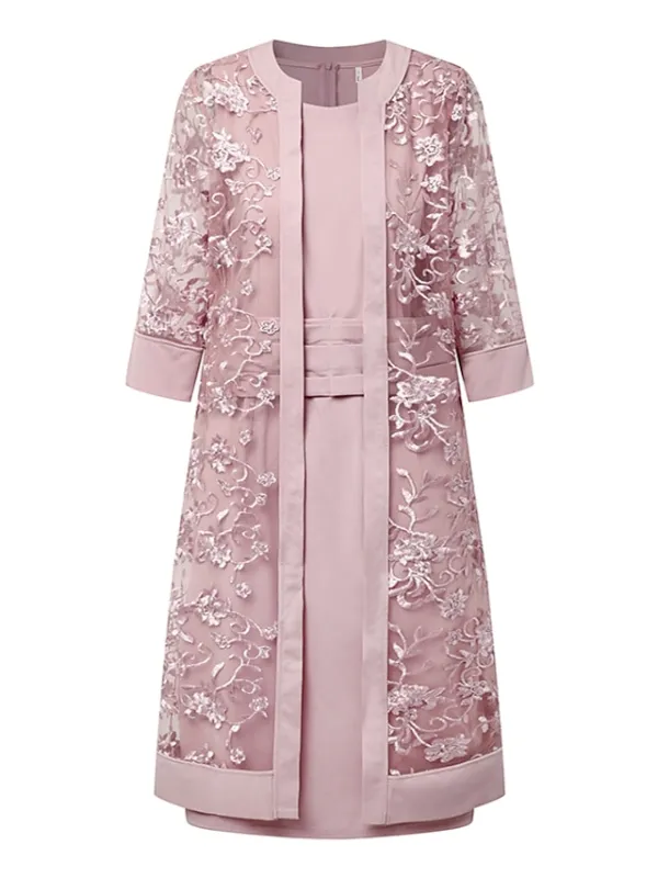Women's Lace Dress Dress Set Two Piece Dress Midi Dress Pink Half Sleeve Pure Color Mesh Summer Spring Fall Crew Neck Fashion Office Wedding Guest 2023 S M L XL XXL 3XL