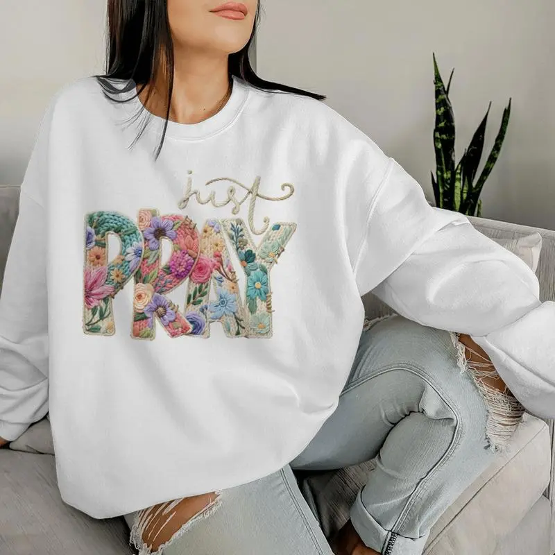 Just Pray Christian Religious Catholic Yarn Crochet Floral Women Sweatshirt