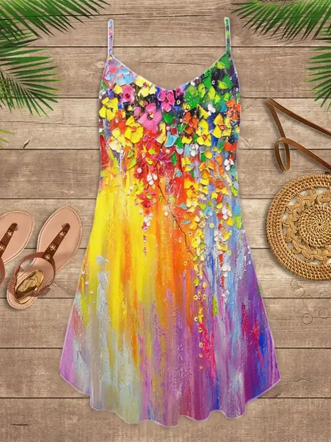 Vacation Flower Oil Painting Print Spaghetti Strap Dress Swimsuit Coverup