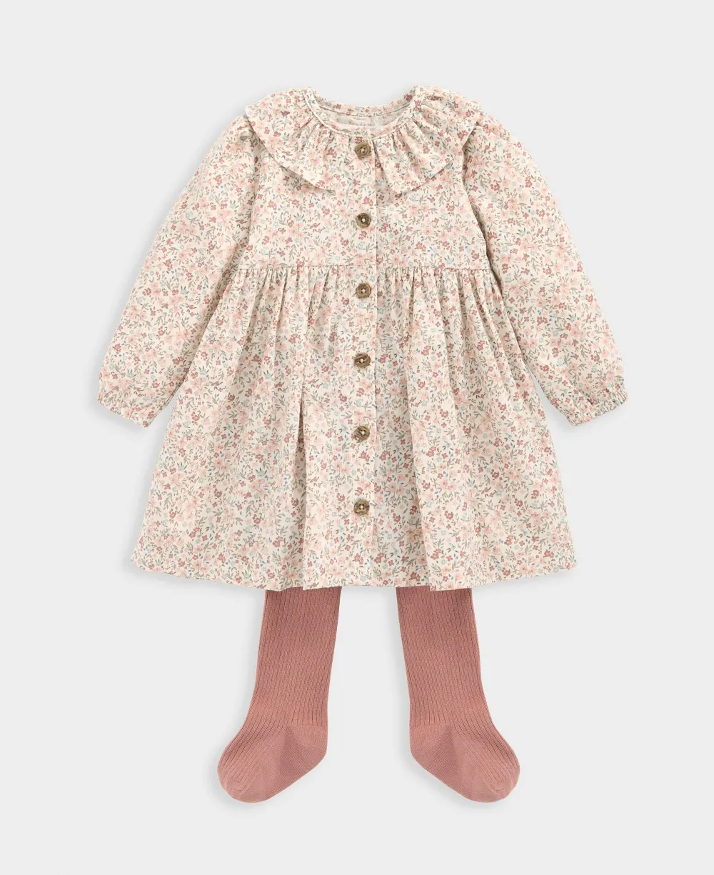 Floral Cord Dress with Tights