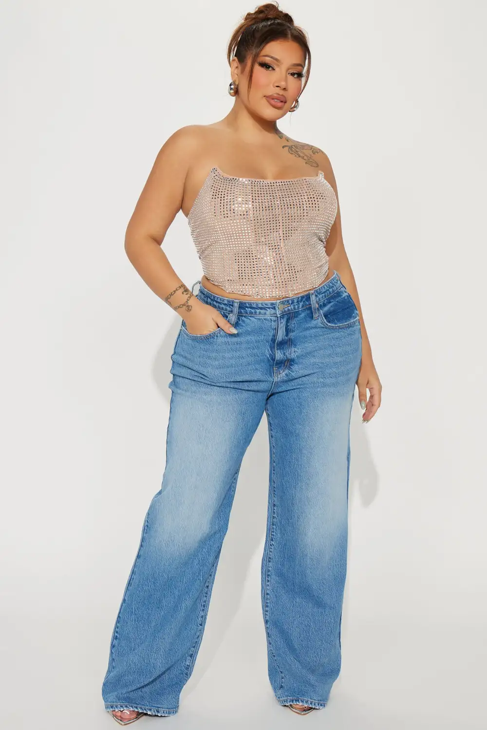 Rayna Rhinestone Mesh Corset Top - Nude shein