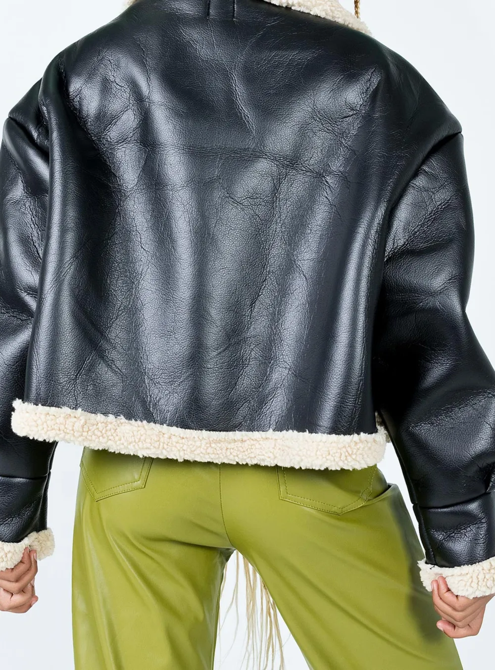 Black Faux Leather Jacket with Shearling Trim