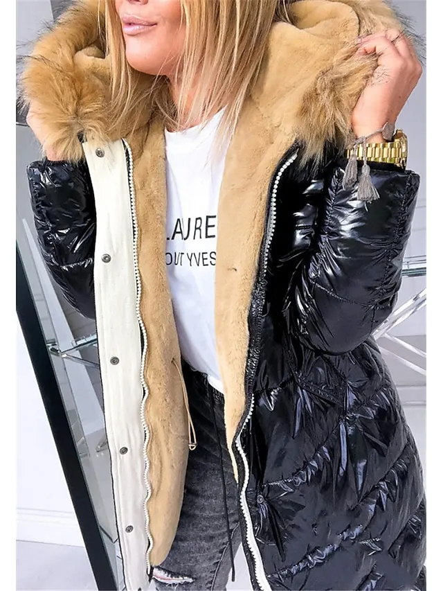 Women's Winter Jacket Parka Warm Breathable Daily Going out Pocket Fur Collar Fleece Lined Zipper Hoodie Active Simple Comfortable Solid Color Regular Fit Outerwear Long Sleeve Winter Fall Silver