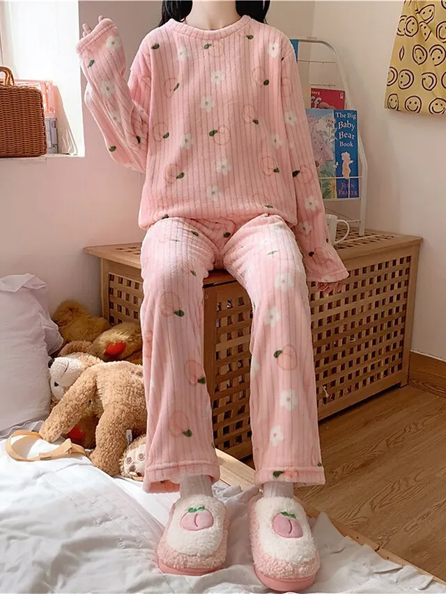 Women's Fleece Loungewear Sets Fluffy Pajama Fuzzy 2 Pieces Bear Peach Fashion Casual Comfort Street Daily Date Polyester Warm Crew Neck Long Sleeve Pant Fall Winter Lotus Pink Black