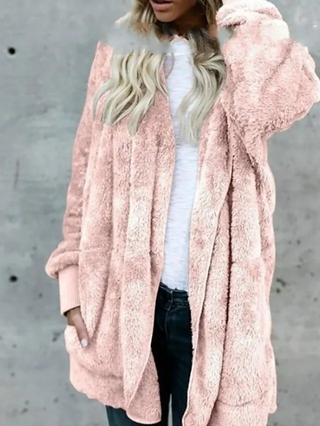 Women's Fleece Jacket Sherpa Jacket Teddy Coat Coat Outdoor Street Daily Fall Winter Long Coat Regular Fit Warm Breathable Casual Jacket Long Sleeve Solid Color Pocket with Pockets Black White Pink