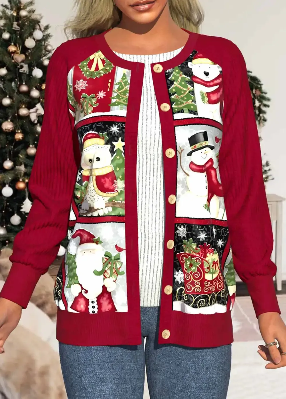 Wine Red Patchwork Christmas Print Long Sleeve Coat