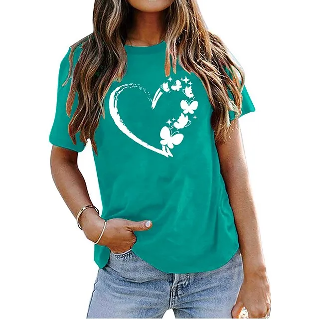 Women's T shirt Tee Cotton 100% Cotton Butterfly Heart pea green Black White Basic Print Short Sleeve Home Daily Date Basic Round Neck Regular Fit T-shirt Sleeve Summer
