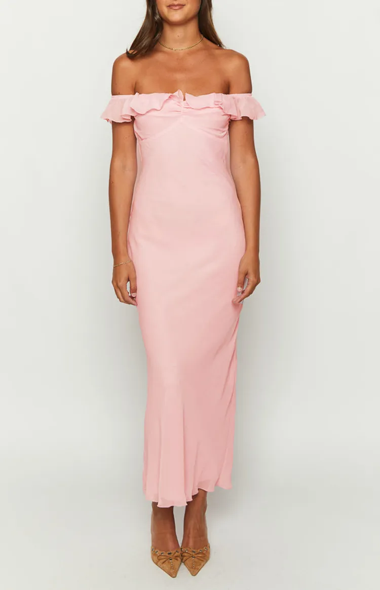 Ruffled Off Shoulder Blush Pink Maxi Dress