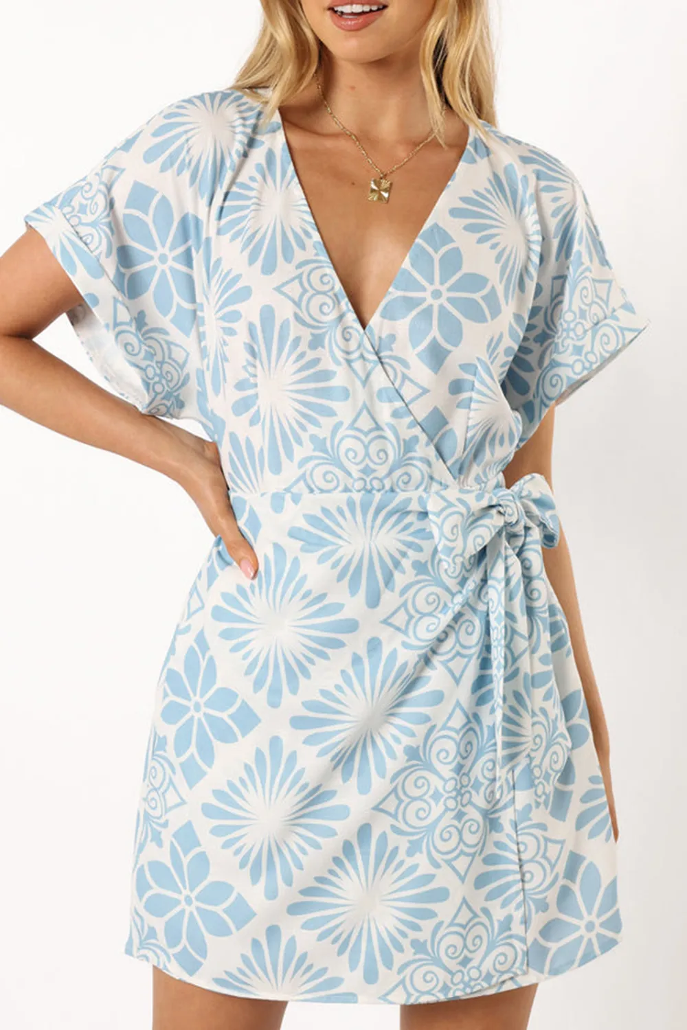 BLUE PRINT WRAP MINI DRESS