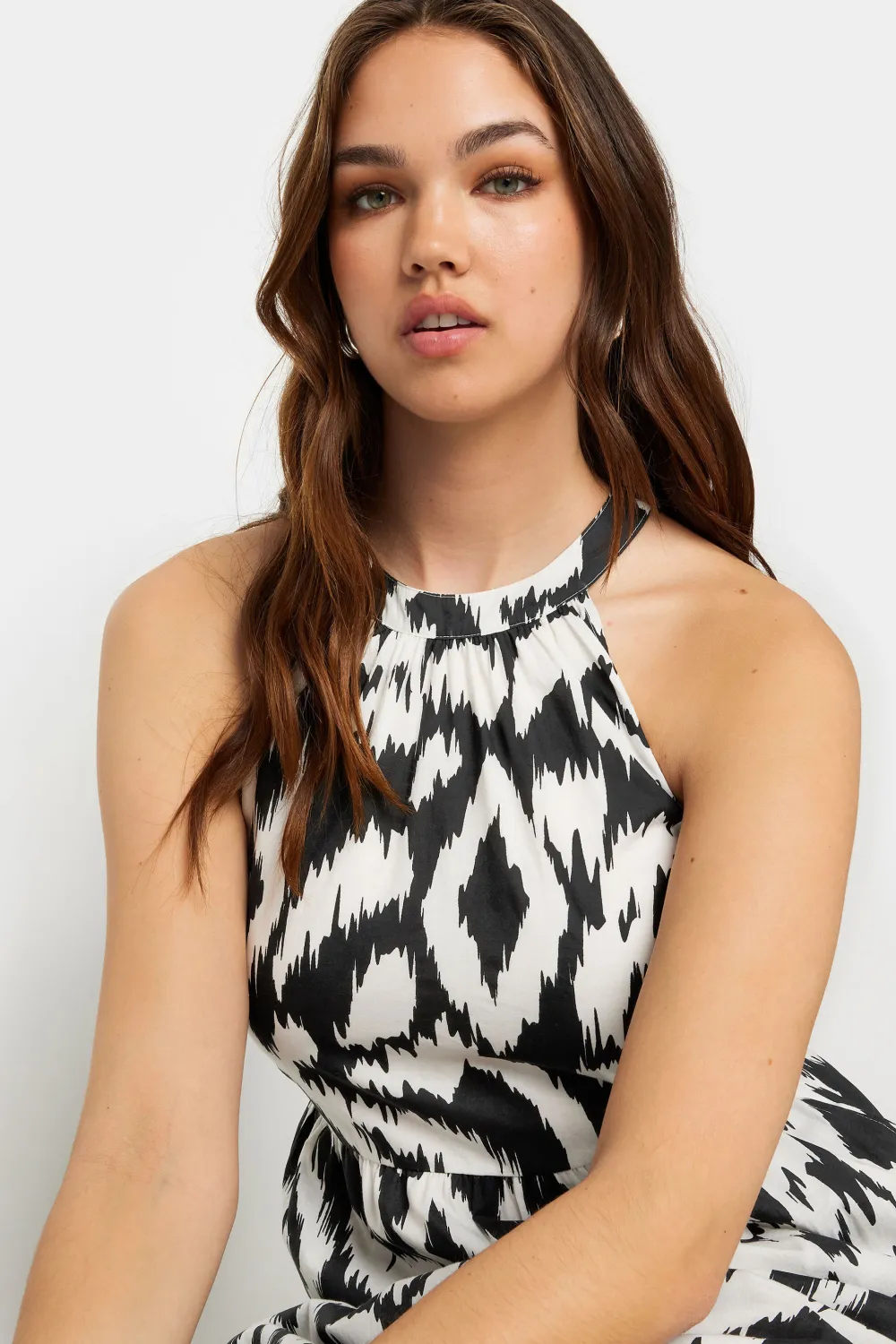 LTS Tall Black & White Cotton Abstract Print Halterneck Dress