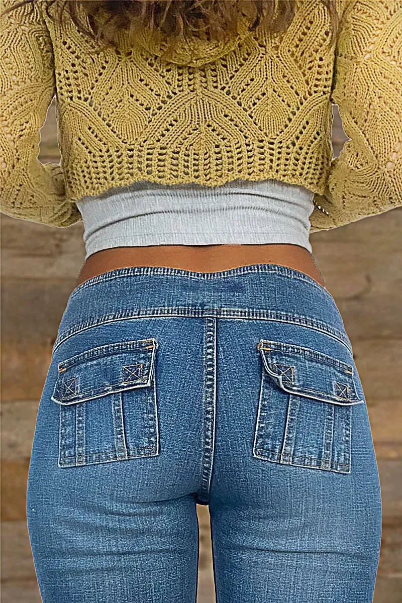 Flap Pocket Button Up Low Rise Flare Jeans