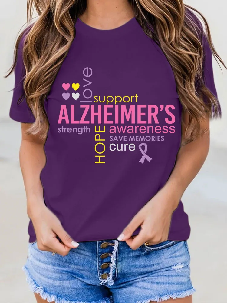 Women's Alzheimer's Disease Awareness Floral Print Round-Neck T-Shirt