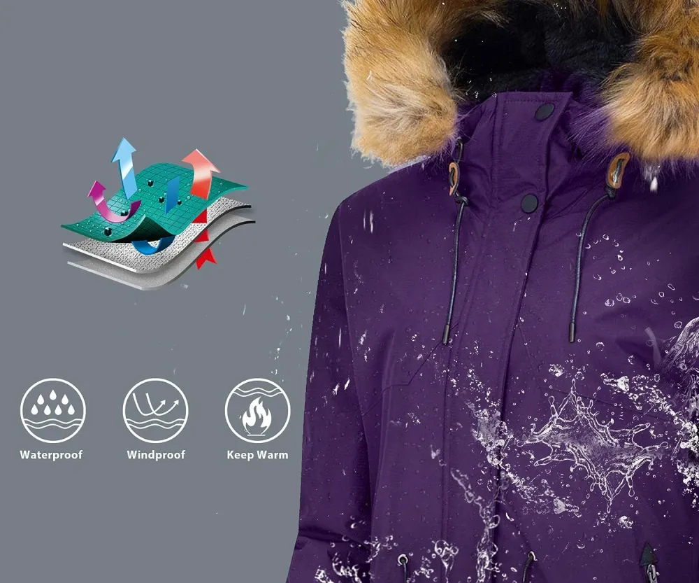 Women's Waterproof Ski Jacket Hooded Winter Snow Coat Mountain Snowboarding Jackets Insulated Fleece Parka