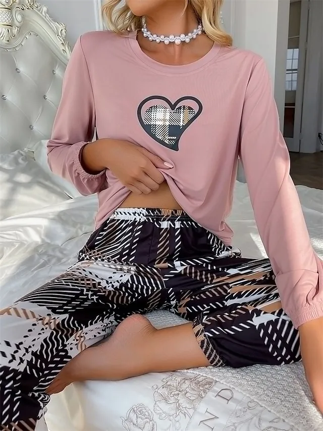 Women's Loungewear Sets Heart Grid / Plaid Simple Casual Comfort Home Daily Bed Polyester Breathable Crew Neck Long Sleeve T shirt Tee Pant Fall Winter Lotus Pink