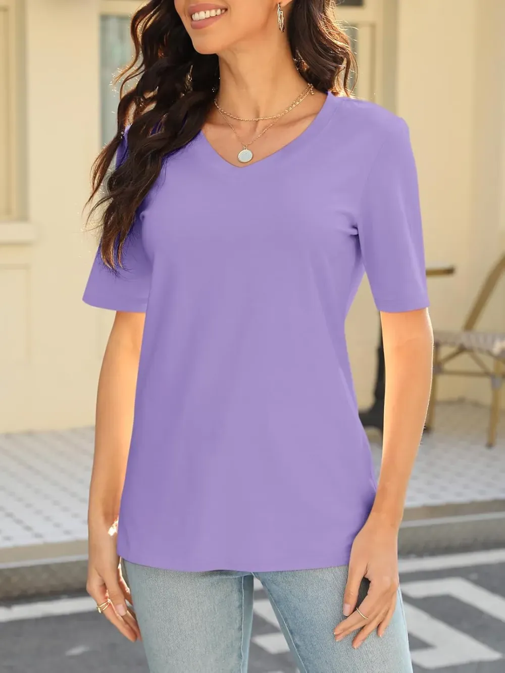 ORANDESIGNE Women's Color Block Short Sleeve T Shirts Casual V Neck Summer Tops Tees Loose Fit Blouses