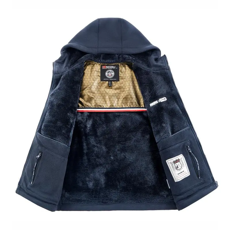 Men'S Outdoor Heavyweight Fleece Jacket - Double-Sided Warm Hooded Coat With Full Zip, Multi Pockets & Machine Washable Polyester For Camping Hiking Casual Wear