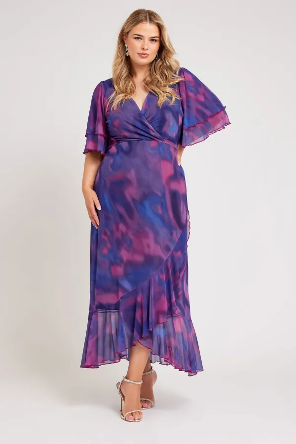 YOURS LONDON Curve Purple Abstract Print Midi Wrap Dress