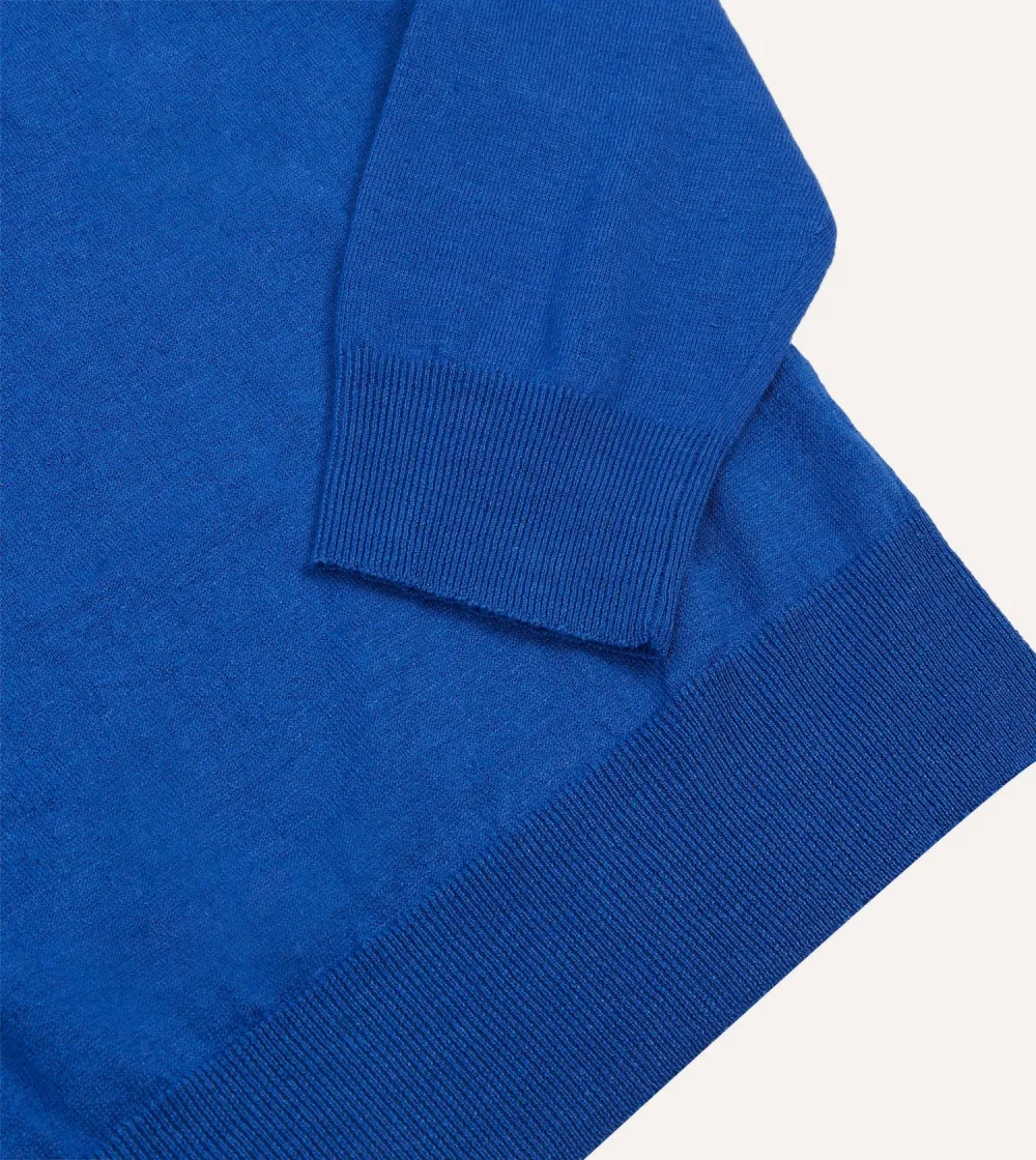 Blue Linen-Cotton Knitted Long-Sleeve Polo Shirt Elegant