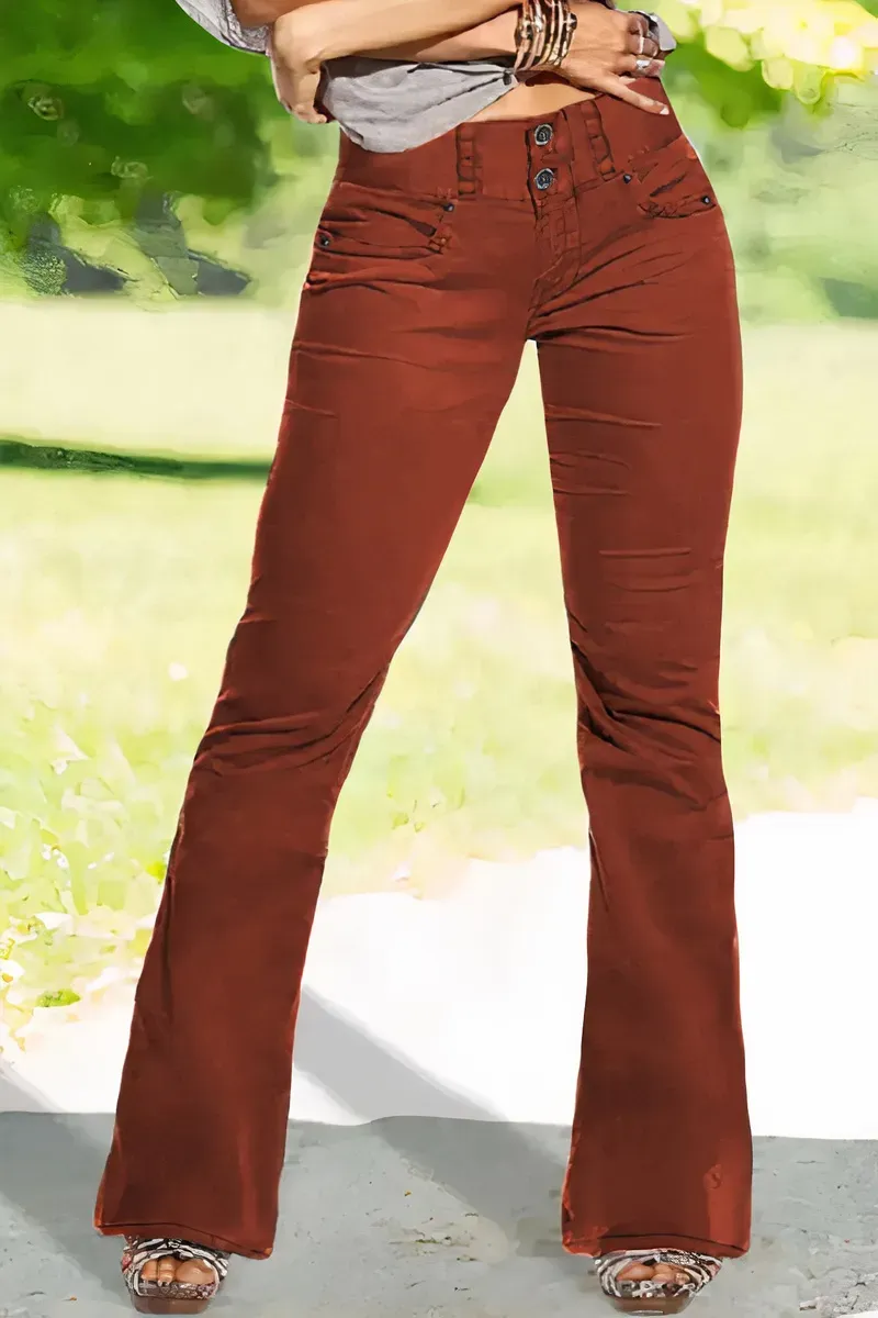 Solid Flap Pocket Button Detail Mid Rise Flare Pants