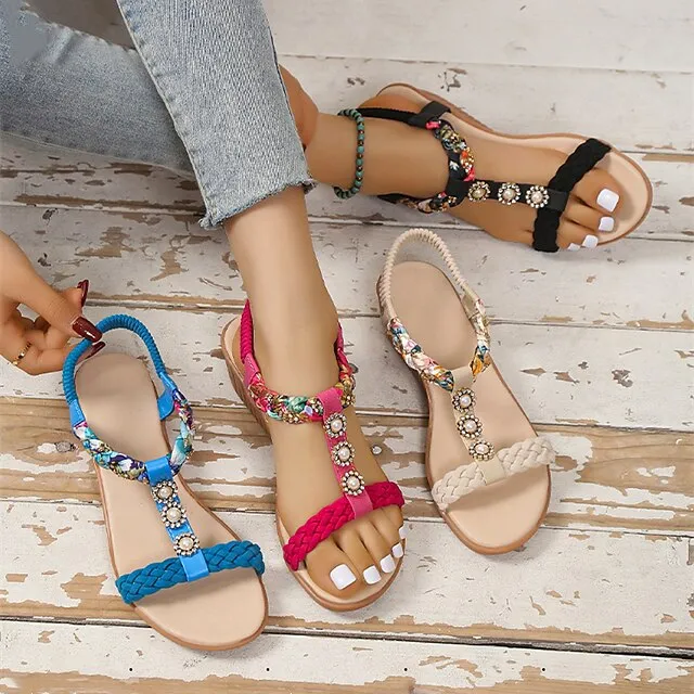 Women's Sandals Boho Bohemia Beach Wedge Sandals Outdoor Daily Beach Summer Wedge Heel Open Toe Cute Vintage Casual PU Leather Polyester Loafer Solid Color Black Pink Blue